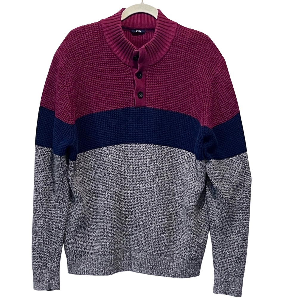 IZOD Mens XL Colorblock Waffle Knit Henley Mock Neck Sweater Burgundy Navy GrAy